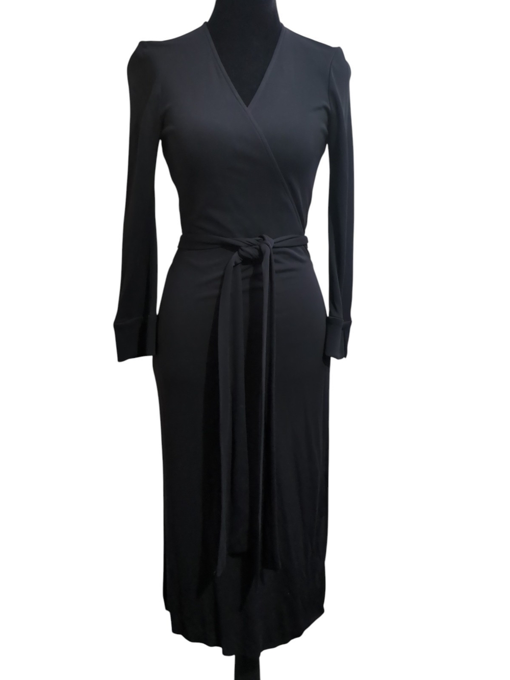 DVF Diane von Furstenberg Black Long Sleeve Midi Wrap Dress Sz 4 Minimalist LBD
